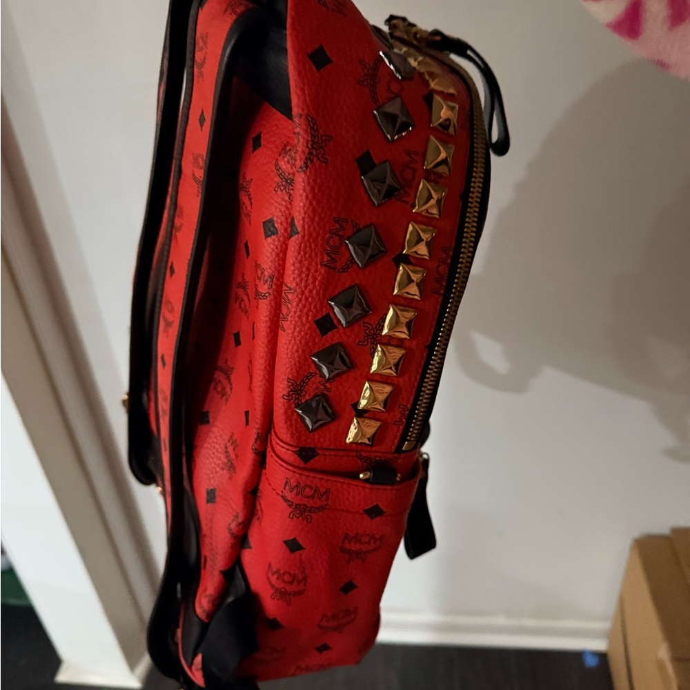 MCM Red and Black Studded Backpack - Picture 6 of 12